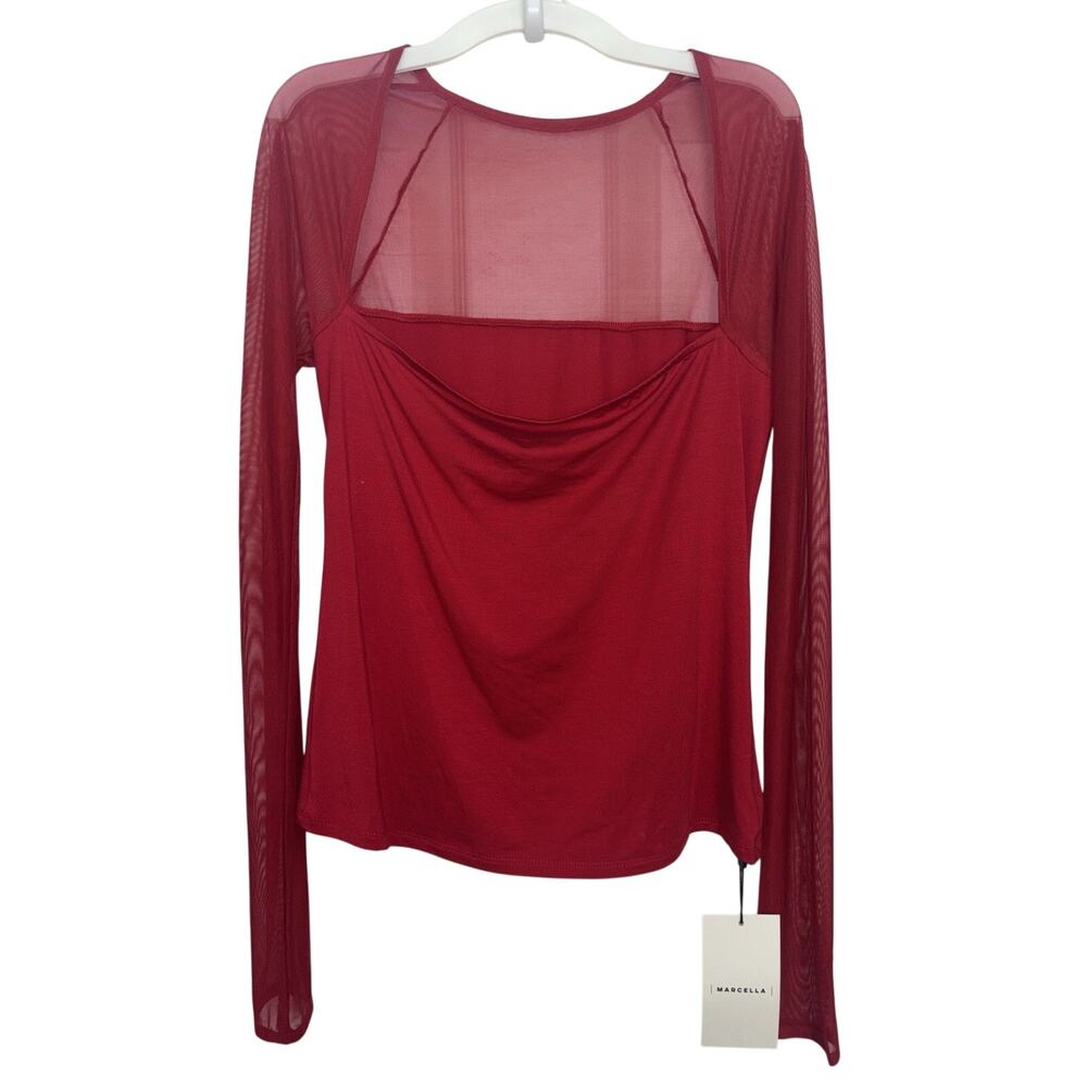 NWT Marcella NYC Lucia Top Red Sheer Mesh Sleeves Square Neck M Tencel Jersey